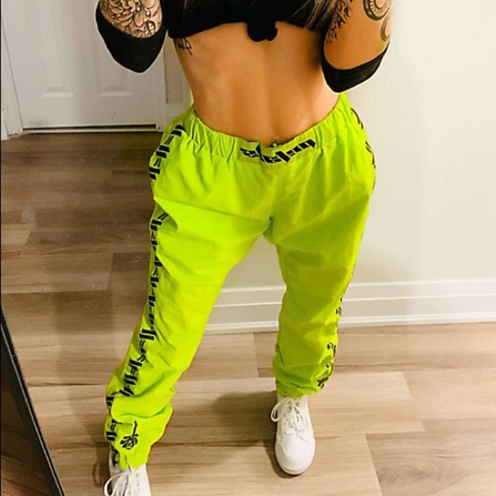 EUC Petals by Petals and Peacocks Kindness Neon Green Track Pants, Size S